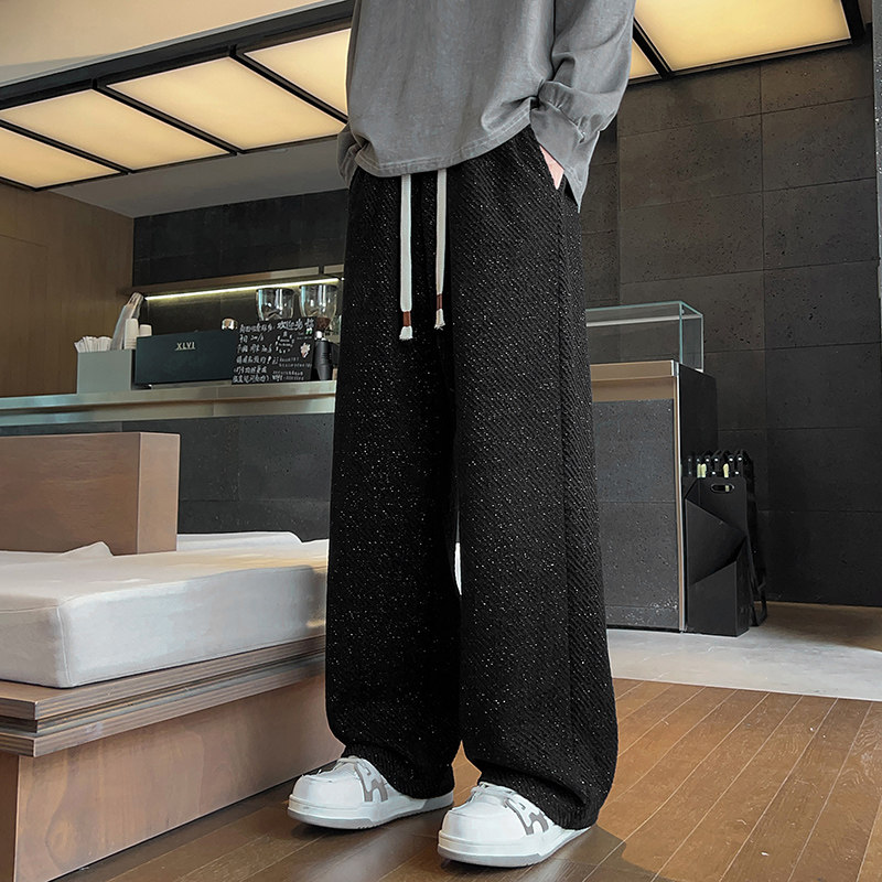 男士秋季阔腿针织长裤宽松直筒休闲裤垂坠感松紧腰抽绳黑色高级感
