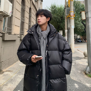 男款中长款连帽羽绒服宽松潮牌情侣棉衣防风保暖外套黑色加厚棉服