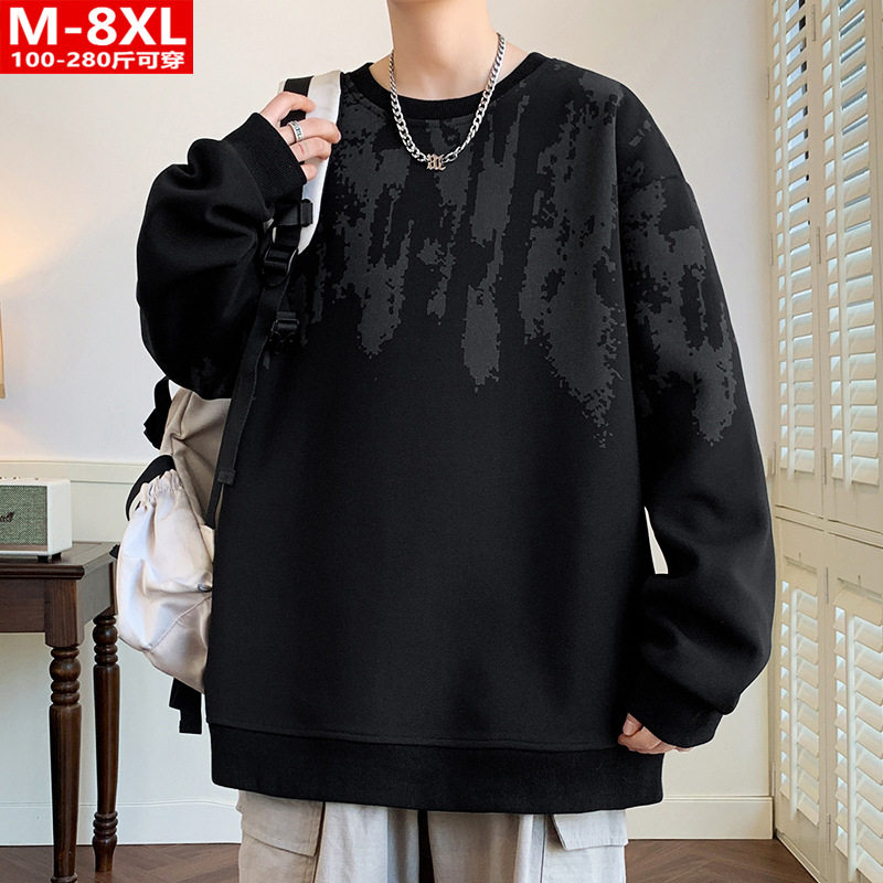 春秋季潮流港风男装印花圆领针织卫衣胖大码加肥宽松运动休闲