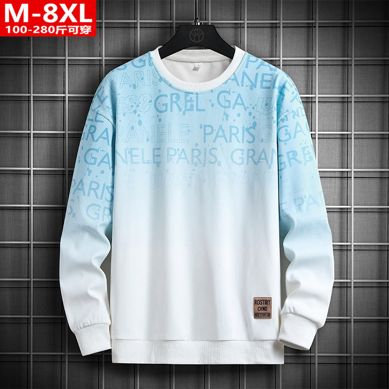 春秋季潮流港风男装渐变印花圆领卫衣胖大码加肥宽松运动休闲