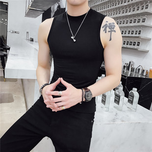 背心男高领夏季韩版修身运动坎肩汗背心潮流ins超火的无袖紧身T恤
