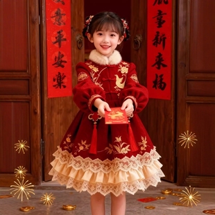 法国Uamtor女小童洋气洛丽塔公主裙2026新款加绒拜年服中式连衣裙