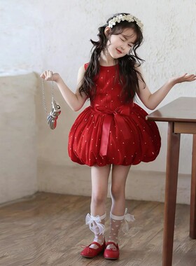 法国Uamtor女童2026夏季新款甜美红色波点花苞周岁礼服蓬蓬公主裙