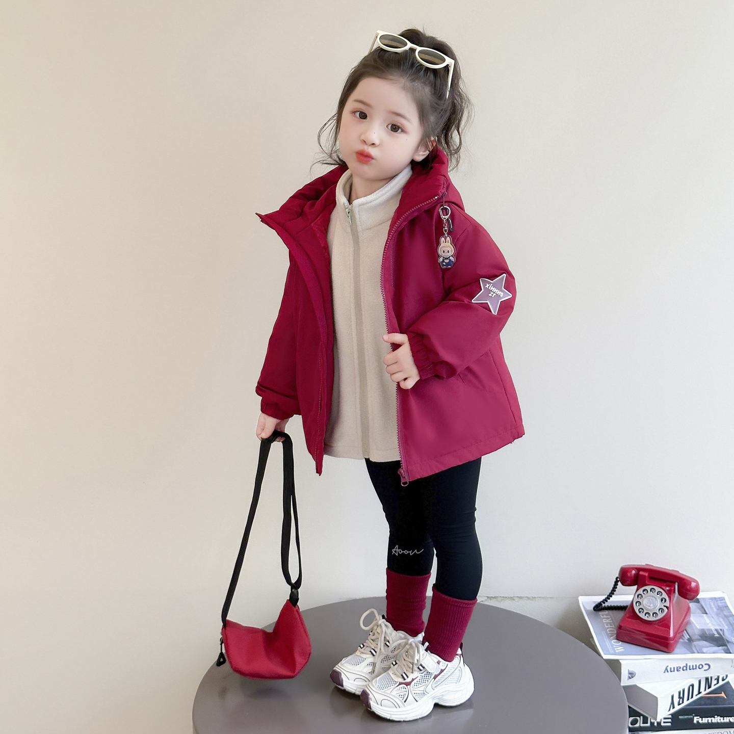Uamtor女童夹棉红色摇粒绒冲锋衣