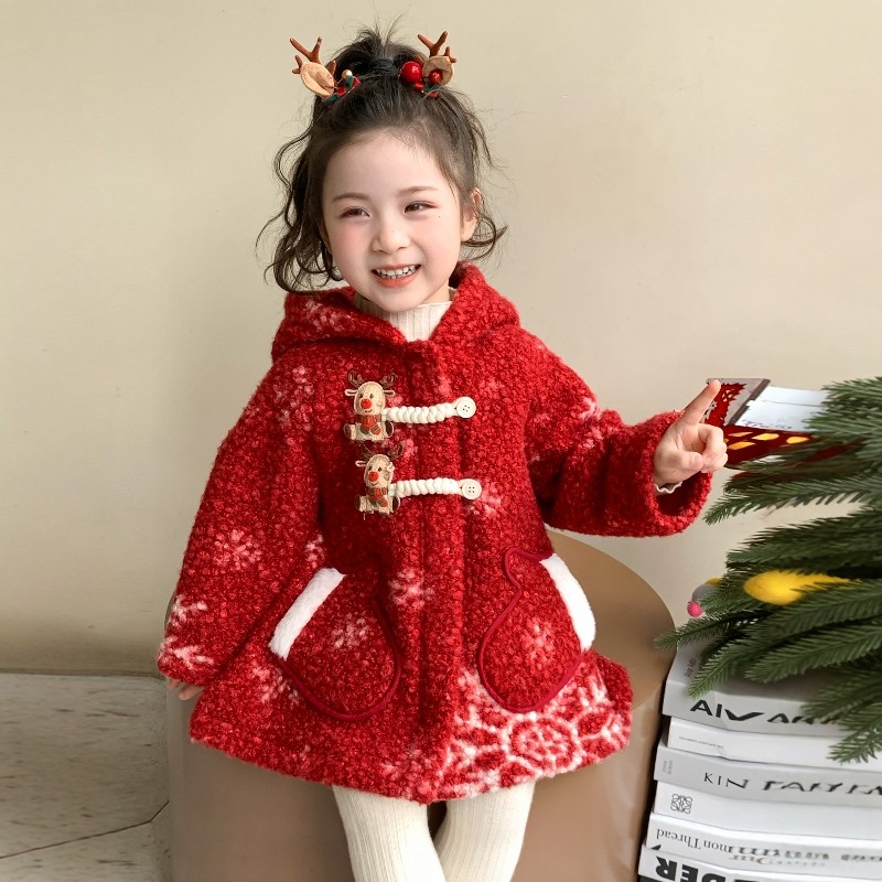 法国Uamtor女童麋鹿加绒连帽外套圣诞红色秋冬儿童洋气新年毛毛衣