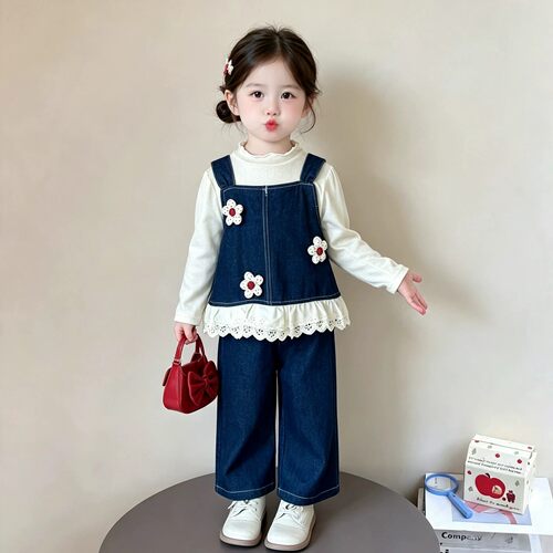 法国Uamtor女童牛仔花边马甲套装