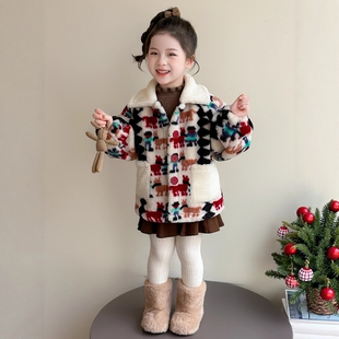 法国Uamtor女童外套秋冬新装2025新款加绒花色毛毛衣加厚夹棉衣服