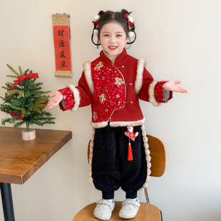 法国Uamtor女小童新中式汉服套装女宝宝红色中国风马年加厚拜年服