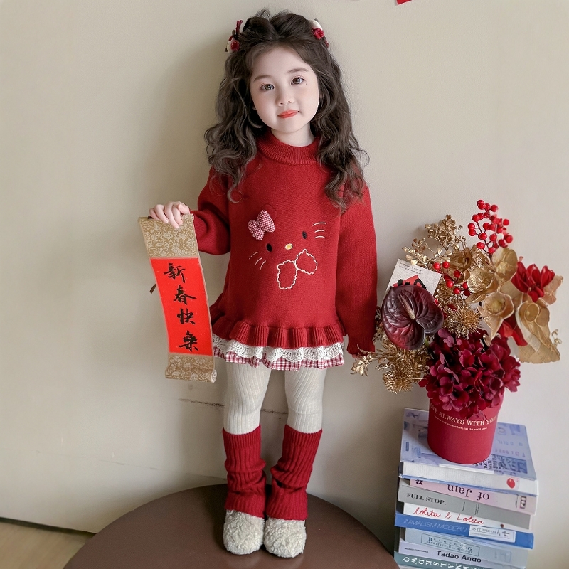 Uamtor女童红色格子花边针织毛衣