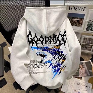 男童美式高街潮流鲨鱼印花连帽卫衣中大童学生宽松型休闲外套上衣