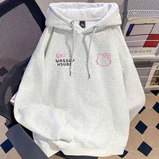 女童kt猫连帽卫衣中大童秋冬新款女孩洋气时髦初中生加绒帽衫上衣