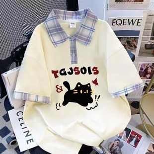 女童中大童猫咪印花假两件Polo衫短袖2026夏季格子拼接翻领T恤ins