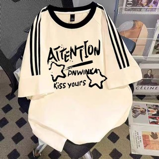 女中大童奶杏色字母印花三条杠纯棉短袖t恤女孩美式夏季插肩上衣