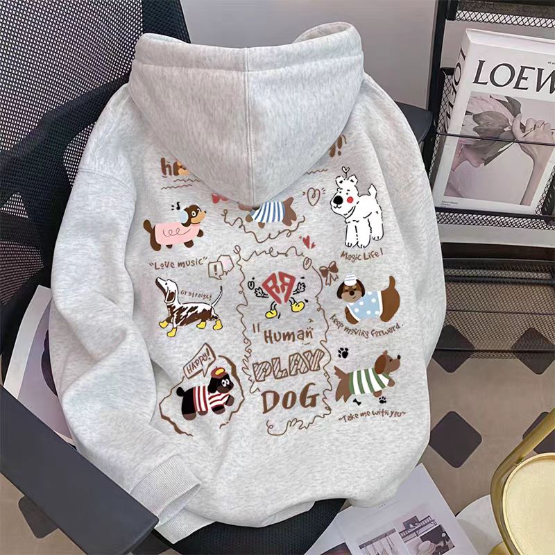 男女童秋冬加绒加厚中大童腊肠狗卡通印花连帽卫衣外套上衣服
