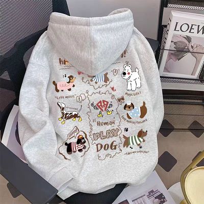 男女童秋冬加绒加厚中大童腊肠狗卡通印花连帽卫衣外套上衣服