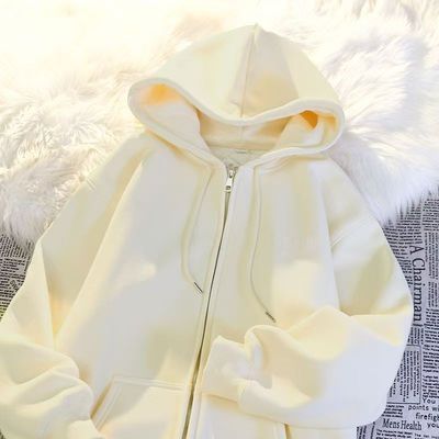 女童奶杏色慵懒风春秋开衫连帽