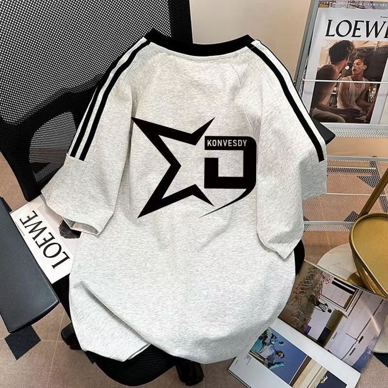 中大童条纹三条杠圆领短袖t恤男女童夏季新款纯棉学院风潮牌上衣