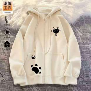 女童秋冬新款日系可爱猫咪印拉链连帽卫衣中大童慵懒风开衫外套