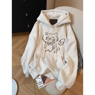 中大童儿童白灰色纯棉连帽卫衣女童秋冬学院风百搭初中生帽衫上衣