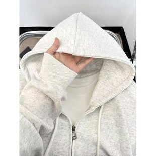 女童秋冬款白灰色开衫连帽卫衣女孩慵懒风纯棉美式百搭拉链上衣潮