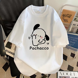 女童白色帕恰狗纯棉短袖t恤2025夏季新款宽松半袖体恤设计感上衣