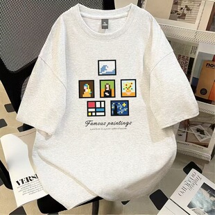 女童日系像素世界名画合集印花纯棉短袖t恤夏季ins学院风宽松上衣