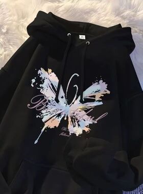 女童美式潮牌蝴蝶印花连帽卫衣秋冬oversize宽松加绒百搭外套上衣