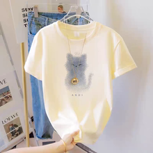 夏季女童2025新款猫咪印花纯棉短袖t恤中大童百搭女孩圆领上衣潮