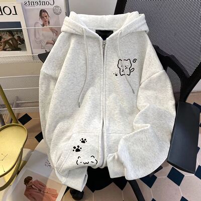 美式中大童秋冬oversiz可爱卡通印花连帽卫衣女e宽松拉链开衫外套