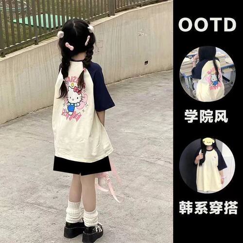 女童单/套装夏季衣服KT猫印花插肩宽松短袖t恤5分短裤两件套ins