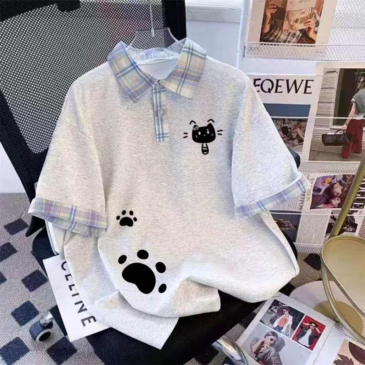 中大童格子假两件撞色polo衫短袖t恤女童夏季衬衫拼接打底衫上衣