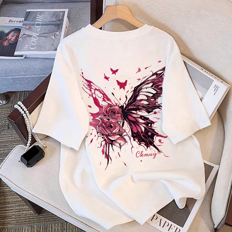 女童蝴蝶印花白色短袖t恤夏季中大童纯棉2025新款宽松体恤上衣潮,童装/婴儿装/亲子装,T恤,淘宝优惠券,粉丝福利购,淘宝优惠卷