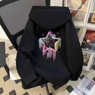 女童黑色美式星星印花设计连帽卫衣女孩秋冬百搭ins学生外套上衣
