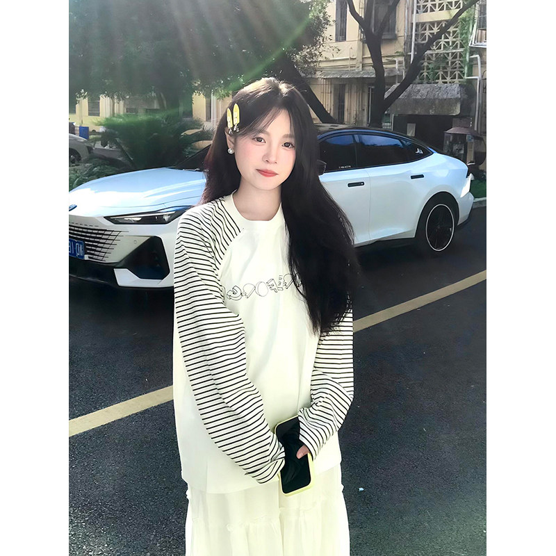 韩系漂亮条纹插肩长袖t恤女2025新款早秋季单穿宽松百搭chic上衣