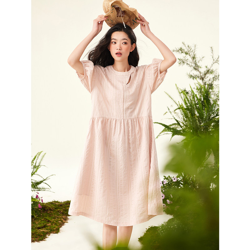 飞鸟和新酒短袖连衣裙女斜门襟2023夏季新款中长款圆领显瘦减龄裙