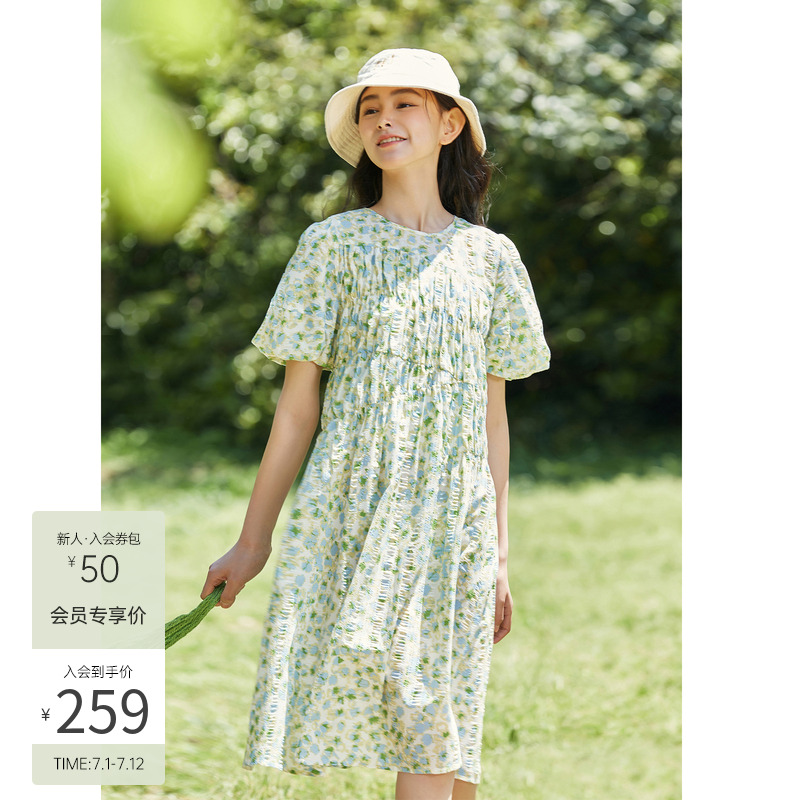 飞鸟花卉短袖连衣裙2023夏季复古