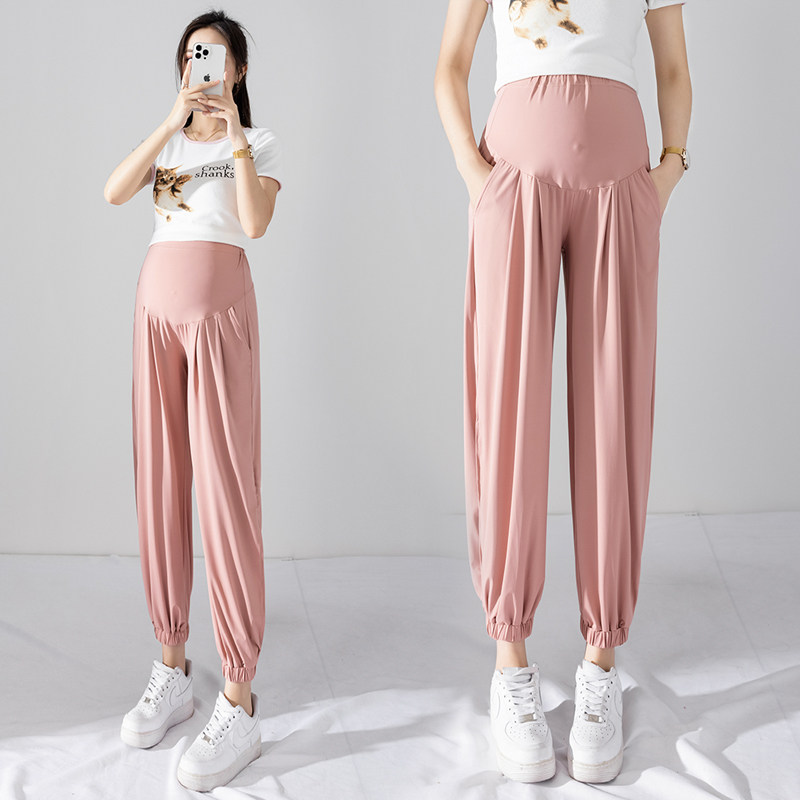 新款孕妇裤夏季冰丝孕妇打底裤外穿黑色束脚裤宽松托腹裤子空调裤