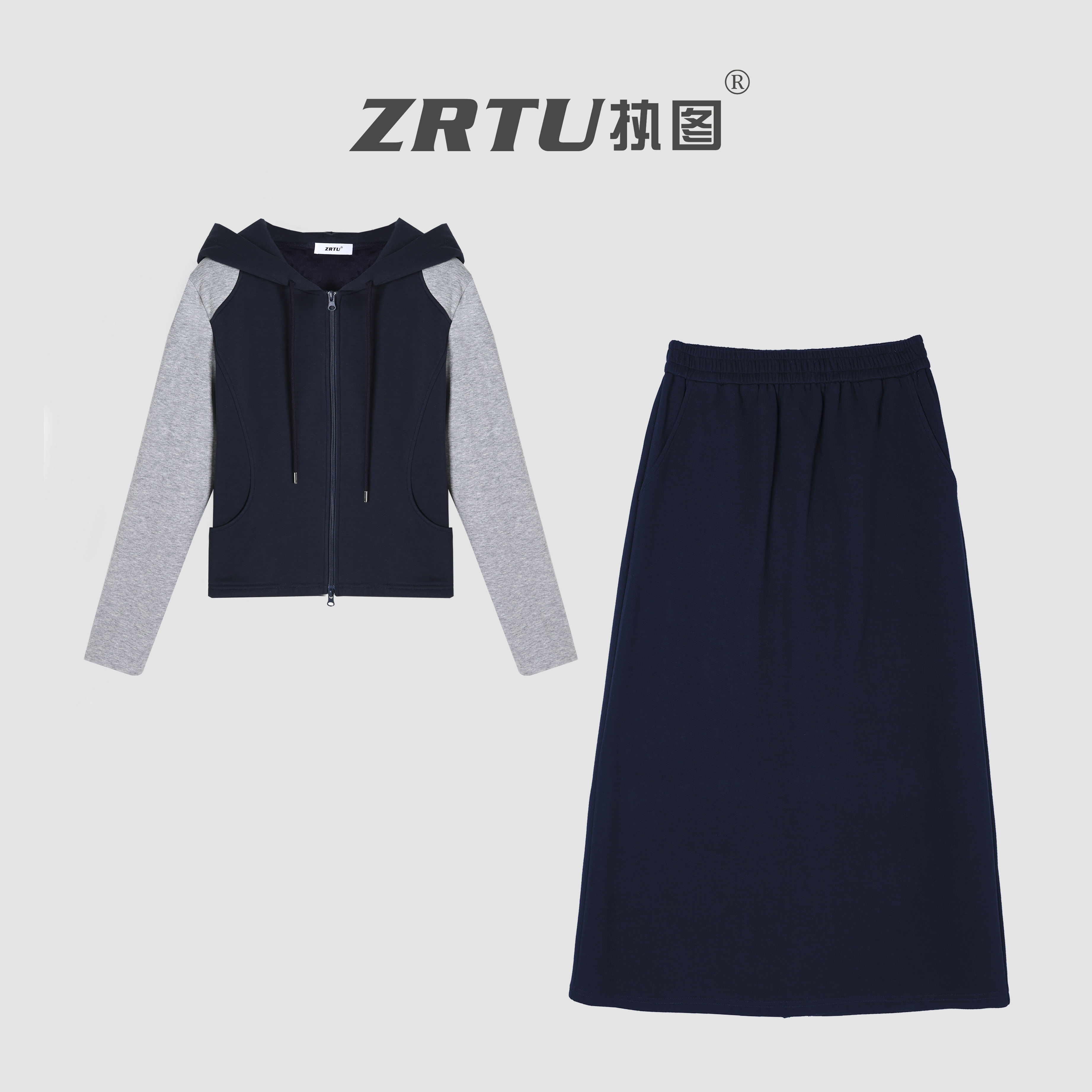 ZRTU执图长袖连帽休闲卫衣半身裙加绒显瘦撞色拼接套装