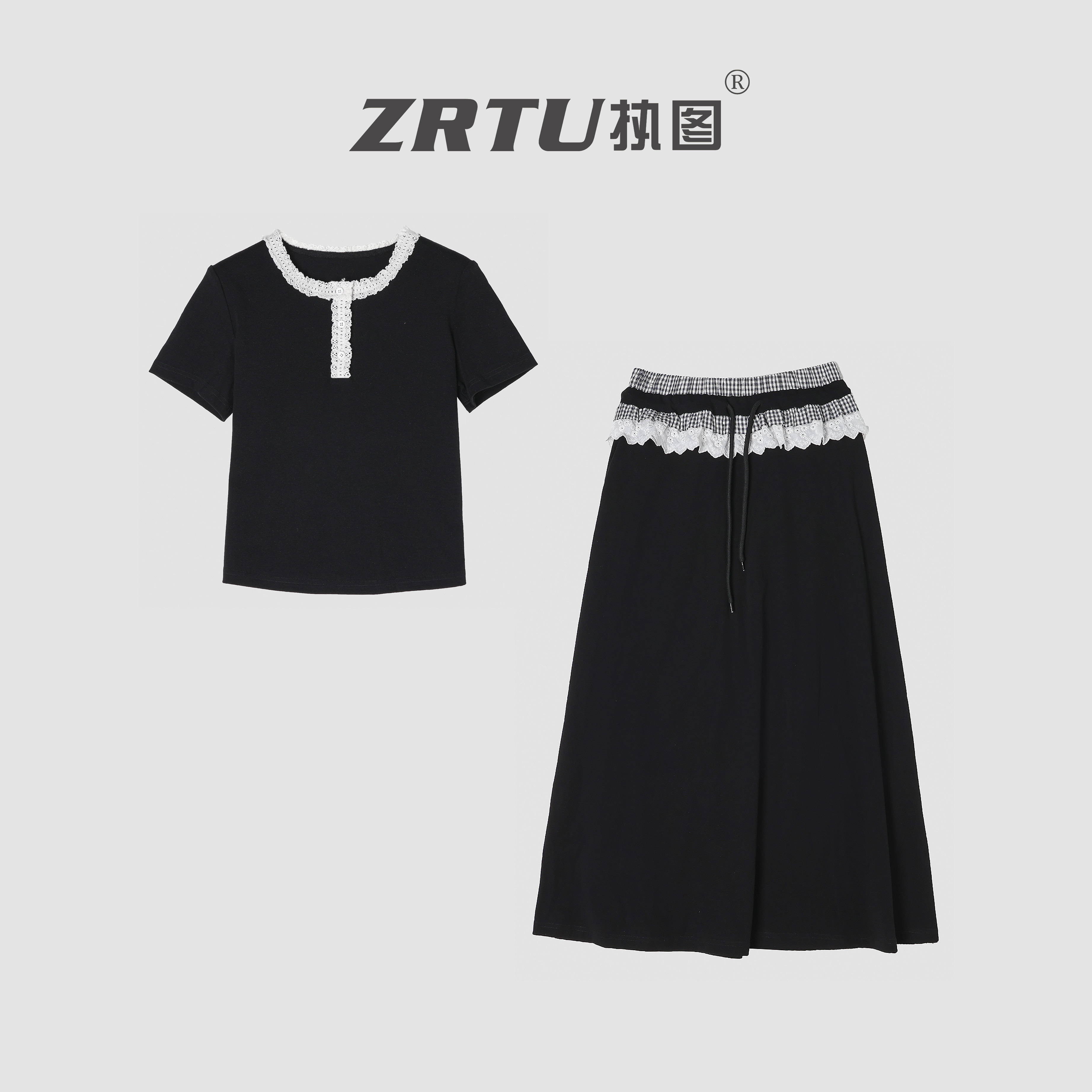 ZRTU/执图2025夏季新款法式时尚短袖半裙拼接蕾丝边两件套套装