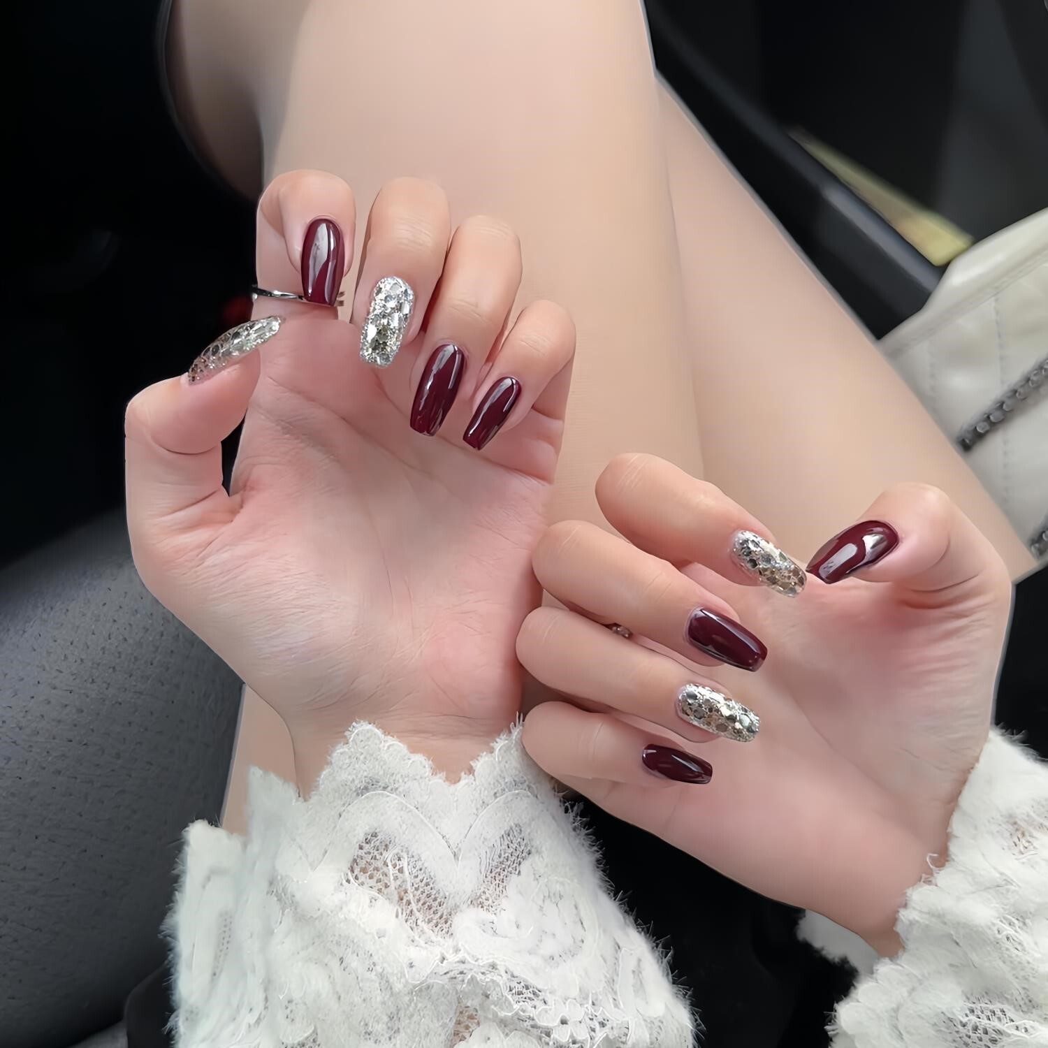 手工定制美甲成品酒红色显白闪钻新娘婚甲可拆卸穿戴甲假指甲贴片