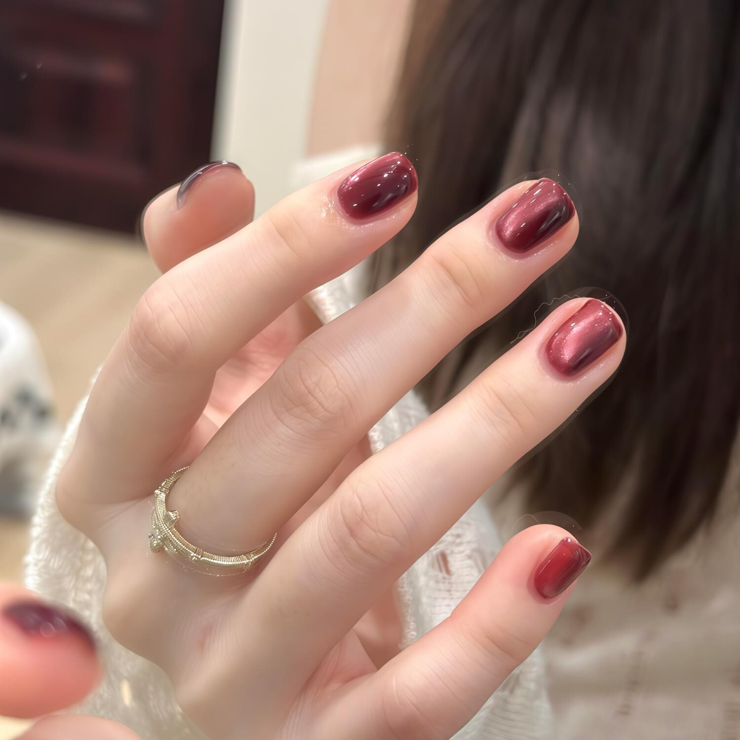 鸽子血猫眼手工穿戴甲红宝石玻璃珠红色新年成品美甲短款指甲贴片