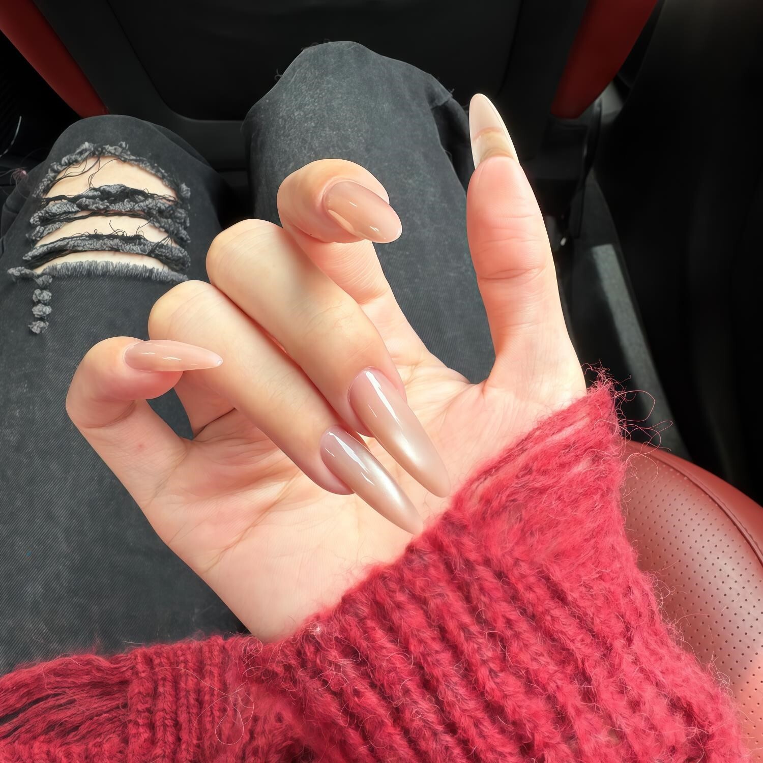 手工裸色美甲猫眼穿戴甲中长款拍婚纱照杏仁型精致高级感小众显白