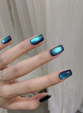 纯手工蓝眼泪玻璃珠猫眼黑色美甲穿戴甲短款秋冬高级感小众显白