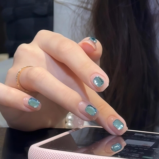 海精灵蓝宝石清透裸色底色短款美甲高级感手工穿戴甲美甲2025新款