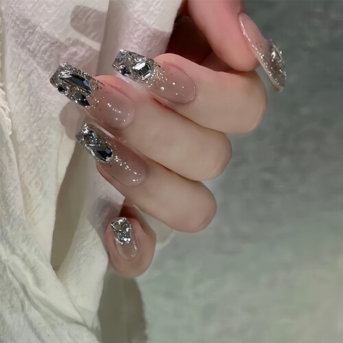 冰透裸色闪钻长款穿戴甲美甲