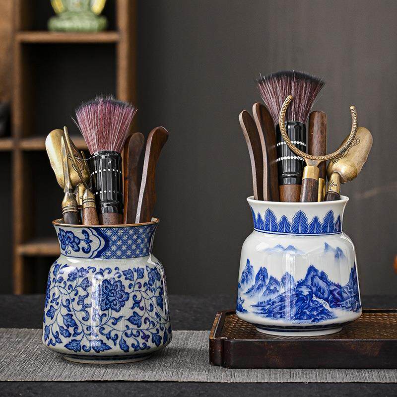 青花瓷茶道六君子功夫茶具用品配件山水画套装陶瓷泡茶工具茶刀夹