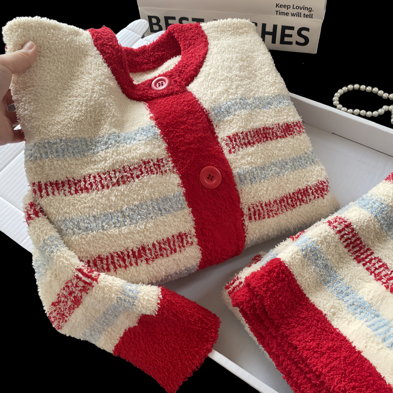 条纹半边绒睡衣女秋冬加绒加厚