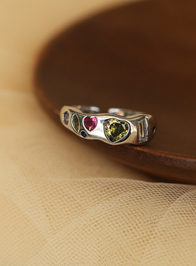 彩色锆石爱心~高级感轻奢戒指女