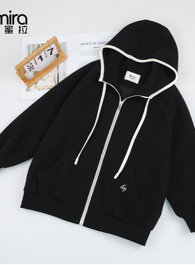 9459外套秋季新品连帽拉链开衫运动黑色上衣宽松休闲时尚