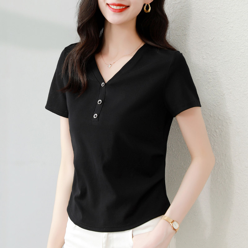 纯棉V领黑色短袖T恤女夏季2026新款爆款修身显瘦减龄上衣正肩T恤